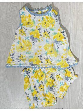 Mud Pie 3-6m NWT cotton gauze muslin Yellow flower pinafore bloomer set floral
